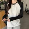 Playera de Costuras en Color Contrastante para Mujer Manga Larga Otoño 2024 Nuevo Diseño Sensación Chic Top Manga Raglán Camiseta Base Mujer