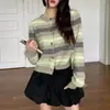 Moda Femenina Coreana Dongdaemun Otoño 2026 Nuevo Cuello Redondo Elegante Versátil Adelgazante Cardigan de Punto Rayado Rojo Ladrillo para Mujer