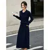 Traje de punto con textura acanalada en color rojo para mujer, nueva colección de otoño, conjunto de dos piezas con top de cuello y falda