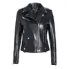 Chaqueta de cuero genuino corta negra para mujer, capa superior de piel de vaca con cremallera diagonal, cuello solapa, cinturón, chaqueta de cuero de motocicleta entallada