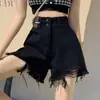 Shorts de mezclilla negros rotos y deshilachados para mujer, nuevo estilo verano 2026, talla grande, de cintura alta, pierna ancha, shorts ajustados de línea A para chicas de talla grande