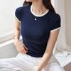 Bolsa pegatinas de cuello y 40 camiseta de algodón peinado de 230 g para mujer, manga corta, corte ajustado, comodín, cuello redondo, capa base