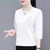2026 Primavera/Verão Nova T-shirt de Manga Três Quartos Estilo Coreano Liquidação Desconto Moda Feminina Solta Elegante Que Esconde Gordurinhas Versátil