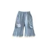 [No hay devoluciones ni cambios] Pantalones acampanados con estampado de gatos para niña, Nuevo estilo primavera 2026, Súper lindos, de encaje, Casual, Modernos