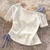 Camiseta Curta Cropped de Algodão Puro com Alça Única de Cartoon Fofo e Xadrez para Crianças de Meia-Idade e Mais Velhas, Top de Moda Versátil