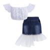 2026 Nueva Ropa Infantil Verano Europea y Americana Algodón Hombros Descubiertos Top + Falda Corta de Malla y Mezclilla Moda Conjunto para Niñas
