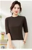Camiseta Básica Feminina Estilo Coreano Temperamento Gola Meio Alta Manga Média Cor Sólida Simples Slim Fit Manga de Cinco Pontos Para o Trabalho Top Suave