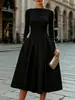 Vestido Elegante Amazon 2026 Outono/Inverno Europeu e Americano Estilo Francês Cor Sólida Gola Redonda Manga Longa Cinto na Cintura com Zíper