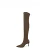 Botas over-the-knee estilo europeu e americano para mulheres, best-sellers de outono e inverno, botas de salto alto com bico fino da moda, botas finas elásticas marrons