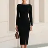 Vestido elegante de comprimento médio, justo ao corpo, com mangas compridas ombro a ombro, cintura franzida e fenda, para o trabalho, europeu e americano, de venda transfronteiriça
