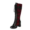 Botas Femininas de Cano Alto com Aplicação de Renda, Laço Fofo, Saltos Grossos, Saltos Altos, Botas com Cadarço, Botas Acima do Joelho, Botas para Mulheres