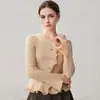 Estilo outono e inverno, jaqueta cardigã de caxemira com mangas sino e borda ondulada tridimensional para mulheres, blusa de tricô de manga longa, top elegante