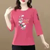 E-commerce Transfronteiriço Camiseta de Sete Mangas para Idosos Estampada Gola Redonda Solta Emagrecedora Versátil Casual Redutora de Idade Camisa Base