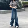 Nueva colección otoño e invierno 2026: Jeans casuales de pierna ancha para mujer, de tiro alto, fluidos, holgados, adelgazantes, en color azul, con corte recto.
