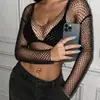 Top de rejilla transparente de manga larga AYJ, estilo chica hot transfronterizo europeo y americano, con diamantes completos, crop top corto sexy para superponer