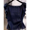Em Estoque Atacado de Fábrica Top Azul Escuro Gola Redonda Sem Mangas Moda Feminina Cintura Marcada Redutora de Idade Cinto Elegante Roupa Feminina