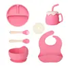 Juego de Vajilla Infantil de Silicona de Grado Alimenticio, Taza para Pastel, Plato con Ventosa, Plato Dividido, Babero, Mismo Modelo que Amazon