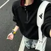 Sudadera unisex con estampado floral blanco, peso pesado, media cremallera, cuello alto, estilo otoño/invierno, corte cuadrado, diseño deconstruido, prenda exterior extragrande estilo americano