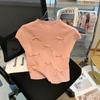 Camiseta de manga corta de verano 2024, cuello alto, lazo dulce, punto para mujer, novedad, tops casuales y versátiles de moda para mujer.