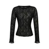 Camisa de Renda Elegante e Moderna Estilo Coreano Crochê Flor Vazada Manga Longa Camisa Base Feminina Outono Inverno