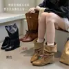 Botas de tacón alto para mujer para otoño e invierno 2026, nuevas de punta redonda, combinadas, con aumento interno de altura, con cordones, botas de tacón de bloque a media pantorrilla