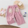Calça Feminina de Outono Estilo Coreano Versátil Perna Reta Perna Larga Fina Solta Tendência Floral Bolso Anti-Mosquito Longa Moda Versátil