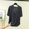 Camiseta Feminina de Manga Curta com Gola U Grande de Modal Verão Nova Solta Elástica Cover-up Fina Versátil Tamanho Grande