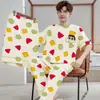 Pijama masculino estiloso e bonito de manga curta 100% algodão, conjunto fino de gola redonda, roupa de casa casual de corte solto, novo modelo de verão 2026