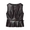 Estilo Europeo y Americano Primavera Nueva Ropa para Mujer Cuello Redondo Efecto Piel Cinturón Delgado Sin Mangas Chaleco Top y Falda Conjunto