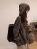 Moletom de tricô com capuz listrado macio e solto estilo preguiçoso feminino outono inverno caimento relaxado roupa casaco suéter top