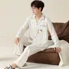Algodón PuroPijama para Hombre Primavera y Otoño Camisa de Manga Larga Cuello Camisero Botón Abierto Holgado Conjunto para Estar en Casa Casual Modelo Nuevo 2026