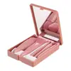 Mini Kit de Pincéis de Maquiagem Portátil Morandi em Caixa com 5 Pincéis e Espelho de Maquiagem, Kit de Pincéis de Maquiagem para Viagem Rosa Feminino