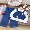 Roupas Infantis Novas Outono 2026 Meninas Macacão Jeans Infantil Fofo Roupa de Baixo Calça Comprida Conjunto de Três Peças Roupas Infantis de Comércio Exterior