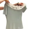 Estilo Puro Desejo Blusa Manga Curta Patchwork de Renda Emagrecedora de Um Ombro 2026 Verão Nova Deslumbrante Moda Slim Fit