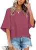 2026 Amazon Transfronterizo Verano Nuevo Estilo Europeo y Americano Patchwork Color Sólido Cuello Redondo Holgado Top Camiseta con Mangas de Tres Cuartos Acampanadas