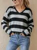 Bestseller transfronterizo: Suéter de punto a rayas con cuello en V para primavera y otoño para mujer, ligero, irregular, de corte holgado, manga larga, casual y versátil