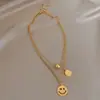 Collar de Acero de Titanio con Cuentas de Cara Sonriente de Doble Capa para Mujer, Cadena Clavicular de Lujo Ligero de Nicho, Cadena de Cuello Elegante de Celebridad de Internet, Cadena para Sudadera