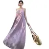 Vestido Longo Roxo Violeta de Zhou Miao com Decote U, Detalhes Franzidos e um Caimento Elegante Solto Estilo Francês para Mulheres