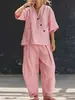 Conjunto de duas peças feminino casual de moda transfronteiriça europeia e americana, cor sólida, gola V, solto, manga curta, cardigã e calça longa