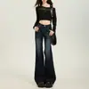 Jeans acampanados de tiro bajo color azul oscuro estilo americano para mujer, nuevo de otoño 2026, corte ajustado, elásticos, de longitud completa, rectos, de campana