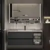 Mueble de lavabo de losa de piedra sin juntas, mueble de gabinete de lavabo de baño integrado con espejo, iluminación y gabinete de espejo con almacenamiento antivaho, diseño simple y moderno