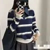 2026 Nuevo Jersey de Punto Rayado Estilo Coreano de Moda con Cuello de Mezclilla para Mujer Primavera y Otoño Top Holgado para Mujer