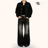 Jeans Acampanados Negros Estilo Retro Americano Yongfang para Mujer, Ajuste Holgado de Alta Calidad con Efecto Desgastado y Vintage, Pantalones Casuales Ajustados
