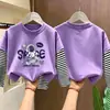 Camiseta de Manga Larga de Algodón Puro para Niños Otoño 2026 Holgada Versátil Cuello Redondo para Niños con Diseño Falso de Dos Piezas
