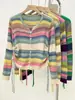 Cárdigan de punto a rayas coloridas de primavera, diseño de nicho con sentido de la moda y estilo occidental, manga larga, cuello en V, top ajustado para mujer