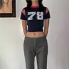 2025 Nuevo Verano Estilo Callejero Americano Impresión Digital Camiseta de Manga Corta en Contraste Tops Casuales Retro para Mujer
