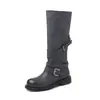 Atuendo de Blogger: Hebilla de Cinturón Botas de Caballero 2026 Invierno Gruesas de Tacón Medio Punta Redonda Piel de Vaca Slip-On Caña Alta Botas Largas para Mujer, Talla 41 Grande