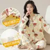 Pijama de Maternidade de Algodão Puro para Primavera e Outono, Manga Longa, para Amamentação, Todo em Algodão, Roupa Pós-Parto para Amamentar, Conjunto de Duas Peças para Casa