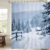 Cortina de ducha exclusiva transfronteriza, no requiere perforación, con un diseño de escena invernal de nieve, bosque de pinos y árbol de Navidad en una fresca impresión acuarela, viene con 12 ganchos