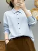 Camisa feminina de algodão puro, manga longa, corte solto, com colarinho dobrável, versátil e emagrecedora, camisa retrô artística